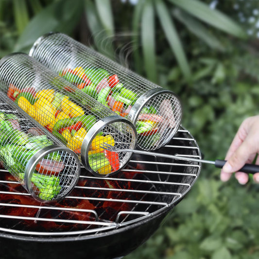 Rolling Grill Basket - a stainless steel BBQ cylinder perfect for grilling vegetables, fish, and meat evenly. Easy to use, durable, and mess-free, this pack of 2 (20 cm each)